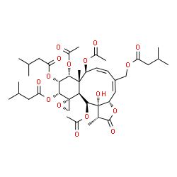 ChemSpider 2D Image | (1R,3aS,4E,6Z,8S,8aS,9R,10R,11R,12R,12aS,13S,13aS)-8,9,13-Triacetoxy-13a-hydroxy-1,8a-dimethyl-5-{[(3-methylbutanoyl)oxy]methyl}-2-oxo-1,3a,8,8a,9,10,11,12a,13,13a-decahydro-2H-spiro[benzo[4,5]cyclode
ca[1,2-b]furan-12,2'-oxirane]-10,11-diyl bis(3-methylbutanoate) | C41H58O16
