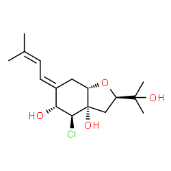 ChemSpider 2D Image | (2R,3aS,4S,5R,6E,7aS)-4-Chloro-2-(2-hydroxy-2-propanyl)-6-(3-methyl-2-buten-1-ylidene)hexahydro-1-benzofuran-3a,5(4H)-diol | C16H25ClO4