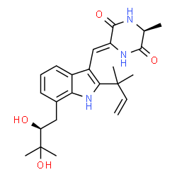 ChemSpider 2D Image | (3Z,6S)-3-({7-[(2S)-2,3-Dihydroxy-3-methylbutyl]-2-(2-methyl-3-buten-2-yl)-1H-indol-3-yl}methylene)-6-methyl-2,5-piperazinedione | C24H31N3O4