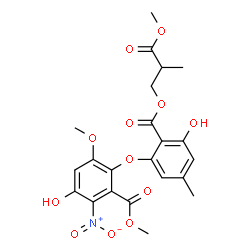 ChemSpider 2D Image | Methyl 3-hydroxy-6-{3-hydroxy-2-[(3-methoxy-2-methyl-3-oxopropoxy)carbonyl]-5-methylphenoxy}-5-methoxy-2-nitrobenzoate | C22H23NO12