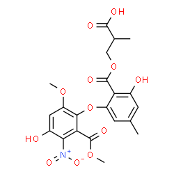 ChemSpider 2D Image | 3-({2-Hydroxy-6-[4-hydroxy-6-methoxy-2-(methoxycarbonyl)-3-nitrophenoxy]-4-methylbenzoyl}oxy)-2-methylpropanoic acid | C21H21NO12