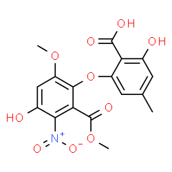 ChemSpider 2D Image | 2-Hydroxy-6-[4-hydroxy-6-methoxy-2-(methoxycarbonyl)-3-nitrophenoxy]-4-methylbenzoic acid | C17H15NO10