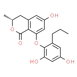 ChemSpider 2D Image | (3R)-8-(2,4-Dihydroxy-6-propylphenoxy)-6-hydroxy-3-methyl-3,4-dihydro-1H-isochromen-1-one | C19H20O6