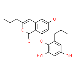 ChemSpider 2D Image | 8-(2,4-Dihydroxy-6-propylphenoxy)-6-hydroxy-3-propyl-1H-isochromen-1-one | C21H22O6
