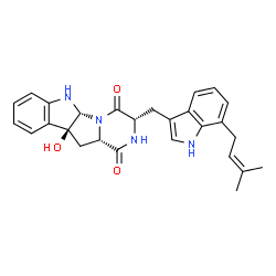 ChemSpider 2D Image | (3S,5aR,10bS,11aS)-10b-Hydroxy-3-{[7-(3-methyl-2-buten-1-yl)-1H-indol-3-yl]methyl}-6,10b,11,11a-tetrahydro-2H-pyrazino[1',2':1,5]pyrrolo[2,3-b]indole-1,4(3H,5aH)-dione | C27H28N4O3