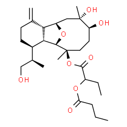 ChemSpider 2D Image | (1R,2R,6R,7R,8R,9R,12S,13S)-12,13-Dihydroxy-6-[(2R)-1-hydroxy-2-propanyl]-9,13-dimethyl-3-methylene-15-oxatricyclo[6.6.1.0~2,7~]pentadec-9-yl 2-(butyryloxy)butanoate | C28H46O8