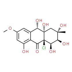 ChemSpider 2D Image | (1R,2S,3S,4aS,9aR,10S)-9a-Chloro-1,2,3,4a,8,10-hexahydroxy-6-methoxy-3-methyl-1,3,4,4a,9a,10-hexahydro-9(2H)-anthracenone | C16H19ClO8