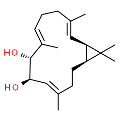 ChemSpider 2D Image | (1S,4E,6R,7R,8E,12E,14R)-4,8,12,15,15-Pentamethylbicyclo[12.1.0]pentadeca-4,8,12-triene-6,7-diol | C20H32O2