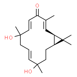 ChemSpider 2D Image | (1R,2E,5E,9E,14S)-7,11-Dihydroxy-3,7,11,15,15-pentamethylbicyclo[12.1.0]pentadeca-2,5,9-trien-4-one | C20H30O3