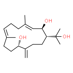 ChemSpider 2D Image | (1S,5R,6R,7E,11E)-5-(2-Hydroxy-2-propanyl)-8,12-dimethyl-2-methylene-7,11-cyclotetradecadiene-1,6-diol | C20H34O3