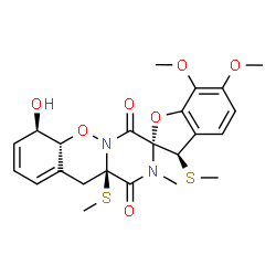 ChemSpider 2D Image | (2R,3R,6a'R,7'R,11a'R)-7'-Hydroxy-6,7-dimethoxy-2'-methyl-3,11a'-bis(methylsulfanyl)-6a',7',11',11a'-tetrahydro-3H-spiro[1-benzofuran-2,3'-pyrazino[1,2-b][1,2]benzoxazine]-1',4'(2'H)-dione | C23H26N2O7S2