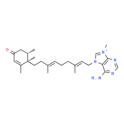 ChemSpider 2D Image | 6-Amino-7-{(2E,6E)-3,7-dimethyl-9-[(1R,6S)-1,2,6-trimethyl-4-oxo-2-cyclohexen-1-yl]-2,6-nonadien-1-yl}-9-methyl-7H-purin-9-ium | C26H38N5O