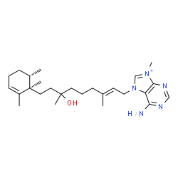 ChemSpider 2D Image | 6-Amino-7-{(2E)-7-hydroxy-3,7-dimethyl-9-[(1R,6S)-1,2,6-trimethyl-2-cyclohexen-1-yl]-2-nonen-1-yl}-9-methyl-7H-purin-9-ium | C26H42N5O