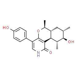 ChemSpider 2D Image | (6S,6aR,8S,9R,10R,10aR)-9-Hydroxy-4-(4-hydroxyphenyl)-6,8,10-trimethyl-2,6,6a,7,8,9,10,10a-octahydro-1H-isochromeno[4,3-c]pyridin-1-one | C21H25NO4