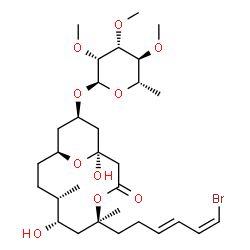 ChemSpider 2D Image | (1S,5S,7S,8S,11S,13R)-5-[(3E,5Z)-6-Bromo-3,5-hexadien-1-yl]-1,7-dihydroxy-5,8-dimethyl-3-oxo-4,15-dioxabicyclo[9.3.1]pentadec-13-yl 6-deoxy-2,3,4-tri-O-methyl-alpha-L-mannopyranoside | C30H49BrO10