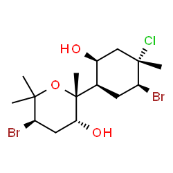 ChemSpider 2D Image | (5R)-1,5-Anhydro-2-bromo-5-[(1R,2S,4S,5S)-5-bromo-4-chloro-2-hydroxy-4-methylcyclohexyl]-2,3-dideoxy-1,1,5-trimethyl-L-threo-pentitol | C15H25Br2ClO3