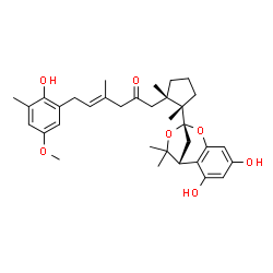 ChemSpider 2D Image | (4E)-1-{(1S,2S)-2-[(1R,9S)-3,5-Dihydroxy-11,11-dimethyl-8,10-dioxatricyclo[7.2.1.0~2,7~]dodeca-2,4,6-trien-9-yl]-1,2-dimethylcyclopentyl}-6-(2-hydroxy-5-methoxy-3-methylphenyl)-4-methyl-4-hexen-2-one | C34H44O7