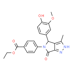 ChemSpider 2D Image | Ethyl 4-[4-(4-hydroxy-3-methoxyphenyl)-3-methyl-6-oxo-2,6-dihydropyrrolo[3,4-c]pyrazol-5(4H)-yl]benzoate | C22H21N3O5