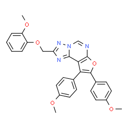 ChemSpider 2D Image | 2-[(2-Methoxyphenoxy)methyl]-8,9-bis(4-methoxyphenyl)furo[3,2-e][1,2,4]triazolo[1,5-c]pyrimidine | C29H24N4O5