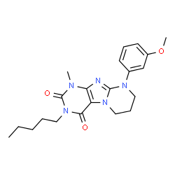 ChemSpider 2D Image | 9-(3-Methoxyphenyl)-1-methyl-3-pentyl-6,7,8,9-tetrahydropyrimido[2,1-f]purine-2,4(1H,3H)-dione | C21H27N5O3