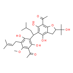 ChemSpider 2D Image | 1-[3-{1-[7-Acetyl-4,6-dihydroxy-2-(2-hydroxy-2-propanyl)-2,3-dihydro-1-benzofuran-5-yl]-3-methylbutyl}-2,4-dihydroxy-6-methoxy-5-(3-methyl-2-buten-1-yl)phenyl]ethanone | C32H42O9