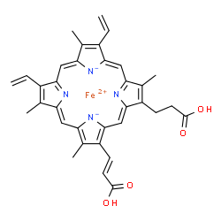 ChemSpider 2D Image | Iron(2+) 7-(2-carboxyethyl)-3-[(E)-2-carboxyvinyl]-2,8,13,18-tetramethyl-12,17-divinylporphine-21,23-diide | C34H30FeN4O4