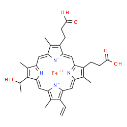 ChemSpider 2D Image | Iron(2+) 2,18-bis(2-carboxyethyl)-8-(1-hydroxyethyl)-3,7,12,17-tetramethyl-13-vinylporphine-21,23-diide | C34H34FeN4O5