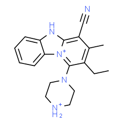 ChemSpider 2D Image | 4-Cyano-2-ethyl-3-methyl-1-(piperazin-4-ium-1-yl)-5H-pyrido[1,2-a][3,1]benzimidazol-10-ium | C19H23N5