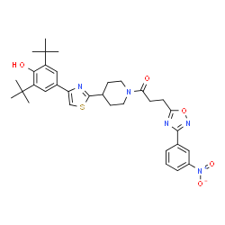 ChemSpider 2D Image | 1-(4-{4-[4-Hydroxy-3,5-bis(2-methyl-2-propanyl)phenyl]-1,3-thiazol-2-yl}-1-piperidinyl)-3-[3-(3-nitrophenyl)-1,2,4-oxadiazol-5-yl]-1-propanone | C33H39N5O5S