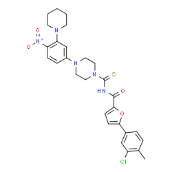 ChemSpider 2D Image | 5-(3-Chloro-4-methylphenyl)-N-({4-[4-nitro-3-(1-piperidinyl)phenyl]-1-piperazinyl}carbonothioyl)-2-furamide | C28H30ClN5O4S