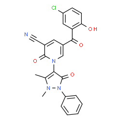 ChemSpider 2D Image | 5-(5-Chloro-2-hydroxybenzoyl)-1-(1,5-dimethyl-3-oxo-2-phenyl-2,3-dihydro-1H-pyrazol-4-yl)-2-oxo-1,2-dihydro-3-pyridinecarbonitrile | C24H17ClN4O4