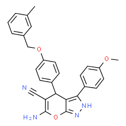 ChemSpider 2D Image | 6-Amino-3-(4-methoxyphenyl)-4-{4-[(3-methylbenzyl)oxy]phenyl}-2,4-dihydropyrano[2,3-c]pyrazole-5-carbonitrile | C28H24N4O3