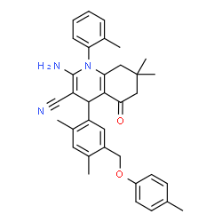 ChemSpider 2D Image | 2-Amino-4-{2,4-dimethyl-5-[(4-methylphenoxy)methyl]phenyl}-7,7-dimethyl-1-(2-methylphenyl)-5-oxo-1,4,5,6,7,8-hexahydro-3-quinolinecarbonitrile | C35H37N3O2