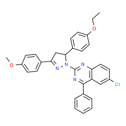 ChemSpider 2D Image | 6-Chloro-2-[5-(4-ethoxyphenyl)-3-(4-methoxyphenyl)-4,5-dihydro-1H-pyrazol-1-yl]-4-phenylquinazoline | C32H27ClN4O2