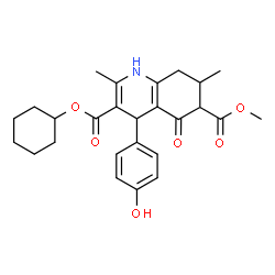 ChemSpider 2D Image | 3-Cyclohexyl 6-methyl 4-(4-hydroxyphenyl)-2,7-dimethyl-5-oxo-1,4,5,6,7,8-hexahydro-3,6-quinolinedicarboxylate | C26H31NO6