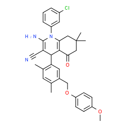 ChemSpider 2D Image | 2-Amino-1-(3-chlorophenyl)-4-{5-[(4-methoxyphenoxy)methyl]-2,4-dimethylphenyl}-7,7-dimethyl-5-oxo-1,4,5,6,7,8-hexahydro-3-quinolinecarbonitrile | C34H34ClN3O3