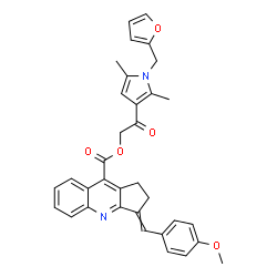 ChemSpider 2D Image | 2-[1-(2-Furylmethyl)-2,5-dimethyl-1H-pyrrol-3-yl]-2-oxoethyl 3-(4-methoxybenzylidene)-2,3-dihydro-1H-cyclopenta[b]quinoline-9-carboxylate | C34H30N2O5