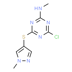 ChemSpider 2D Image | 4-Chloro-N-methyl-6-[(1-methyl-1H-pyrazol-4-yl)sulfanyl]-1,3,5-triazin-2-amine | C8H9ClN6S