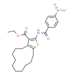ChemSpider 2D Image | Ethyl 2-[(4-nitrobenzoyl)amino]-4,5,6,7,8,9,10,11,12,13-decahydrocyclododeca[b]thiophene-3-carboxylate | C24H30N2O5S