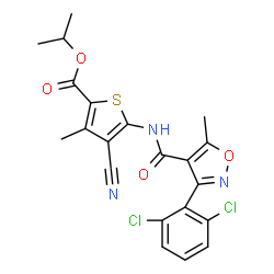 ChemSpider 2D Image | Isopropyl 4-cyano-5-({[3-(2,6-dichlorophenyl)-5-methyl-1,2-oxazol-4-yl]carbonyl}amino)-3-methyl-2-thiophenecarboxylate | C21H17Cl2N3O4S