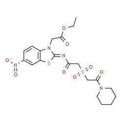 ChemSpider 2D Image | Ethyl [(2Z)-6-nitro-2-[({[2-oxo-2-(1-piperidinyl)ethyl]sulfonyl}acetyl)imino]-1,3-benzothiazol-3(2H)-yl]acetate | C20H24N4O8S2