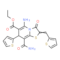 ChemSpider 2D Image | Ethyl 5-amino-8-carbamoyl-3-oxo-7-(2-thienyl)-2-(2-thienylmethylene)-2,3-dihydro-7H-[1,3]thiazolo[3,2-a]pyridine-6-carboxylate | C20H17N3O4S3