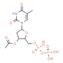 ChemSpider 2D Image | 1-{3-O-Acetyl-2-deoxy-5-O-[hydroxy(phosphonooxy)phosphoryl]pentofuranosyl}-5-methyl-2,4(1H,3H)-pyrimidinedione | C12H18N2O12P2