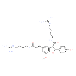 ChemSpider 2D Image | N-{4-[(Diaminomethylene)amino]butyl}-5-[3-({4-[(diaminomethylene)amino]butyl}amino)-3-oxo-1-propen-1-yl]-2-(4-hydroxyphenyl)-7-methoxy-2,3-dihydro-1-benzofuran-3-carboxamide | C29H40N8O5