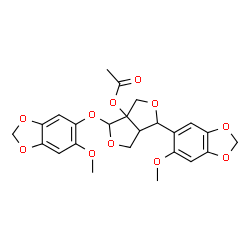 ChemSpider 2D Image | 1-(6-Methoxy-1,3-benzodioxol-5-yl)-4-[(6-methoxy-1,3-benzodioxol-5-yl)oxy]dihydro-1H,3H-furo[3,4-c]furan-3a(4H)-yl acetate | C24H24O11