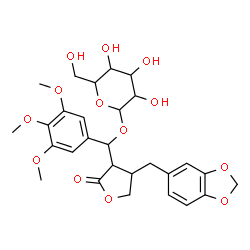 ChemSpider 2D Image | [4-(1,3-Benzodioxol-5-ylmethyl)-2-oxotetrahydro-3-furanyl](3,4,5-trimethoxyphenyl)methyl hexopyranoside | C28H34O13