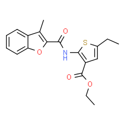 ChemSpider 2D Image | Ethyl 5-ethyl-2-{[(3-methyl-1-benzofuran-2-yl)carbonyl]amino}-3-thiophenecarboxylate | C19H19NO4S