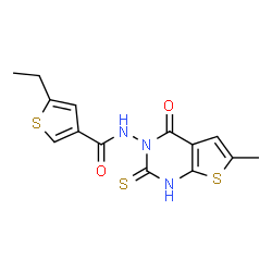 ChemSpider 2D Image | 3-thiophenecarboxamide, 5-ethyl-N-(2-mercapto-6-methyl-4-oxothieno[2,3-d]pyrimidin-3(4H)-yl)- | C14H13N3O2S3