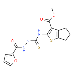 ChemSpider 2D Image | Methyl 2-({[2-(2-furoyl)hydrazino]carbothioyl}amino)-5,6-dihydro-4H-cyclopenta[b]thiophene-3-carboxylate | C15H15N3O4S2
