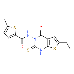 ChemSpider 2D Image | 2-thiophenecarboxamide, N-(6-ethyl-2-mercapto-4-oxothieno[2,3-d]pyrimidin-3(4H)-yl)-5-methyl- | C14H13N3O2S3